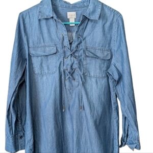 Chicos Sz 1 S Blue Chambray Top Lace Up Front Casual Classic Long Sleeve Pockets